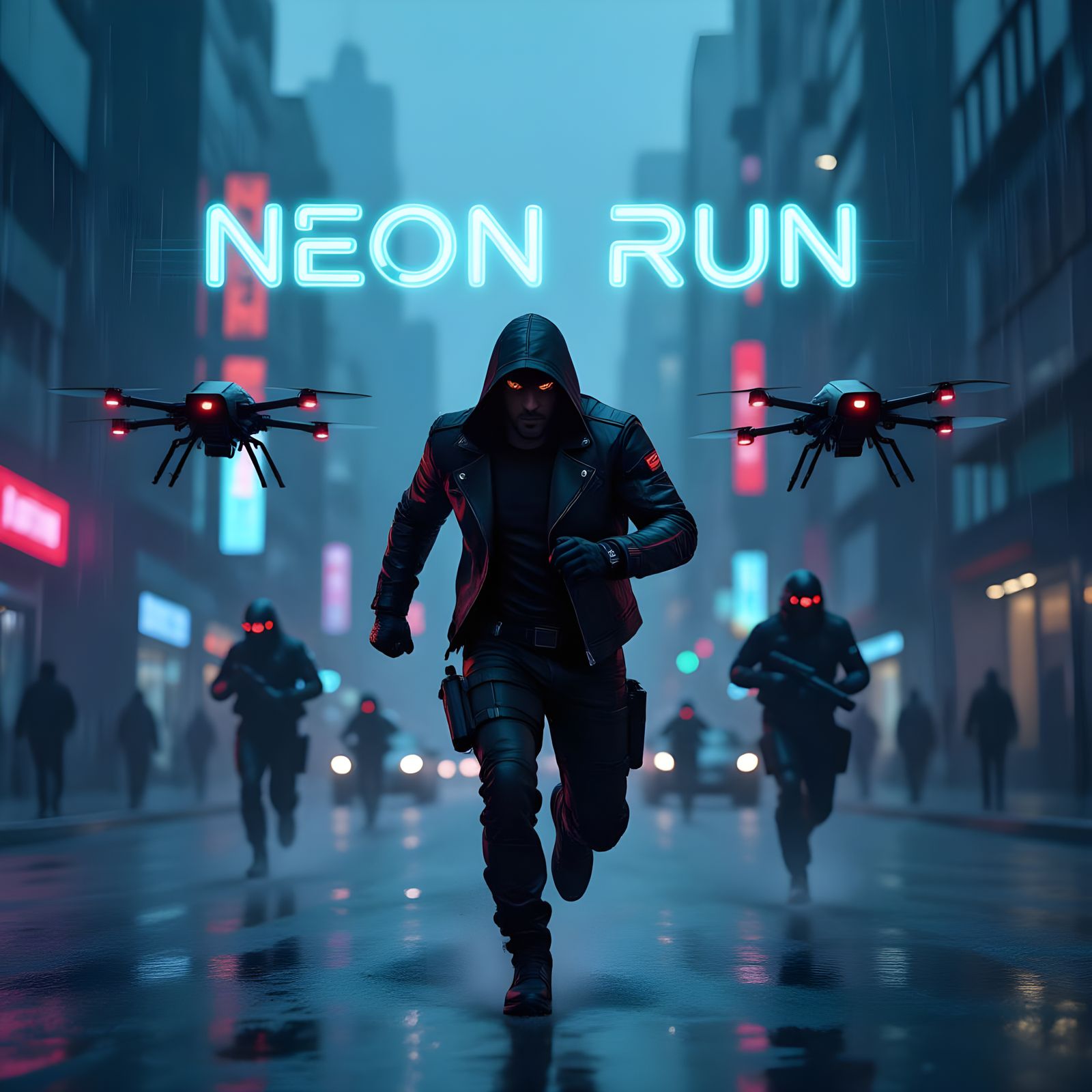 Cyberpunk Mercenary Sprinting Through Neon Cityscape