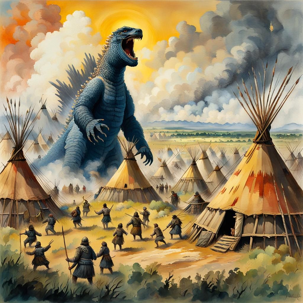 Godzilla Attacks Native American Village in Gouache Style