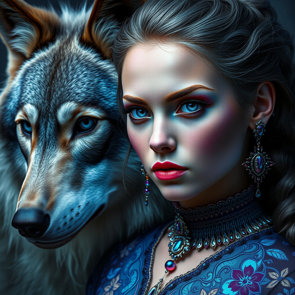 Woman and Wolf Portrait in Hyper-realistic Style