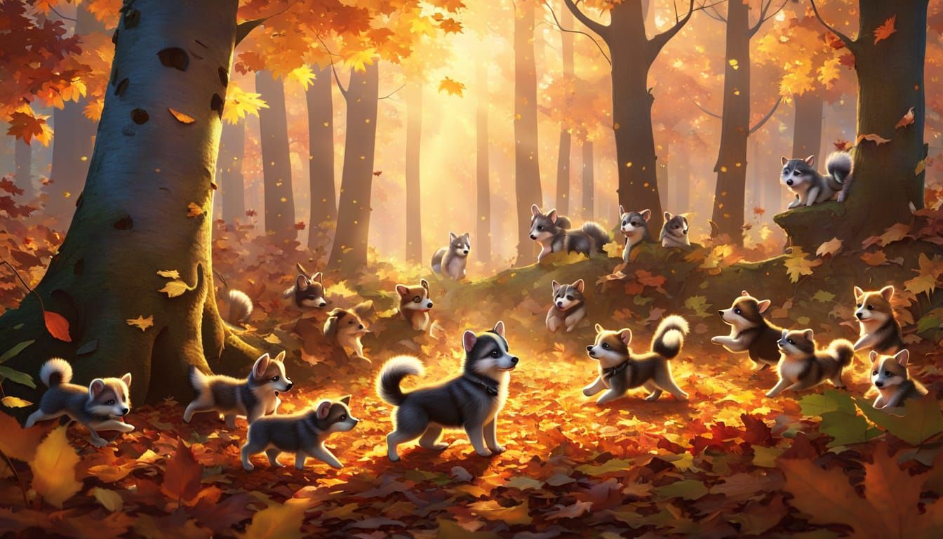 Adorable Puppies and Raccoon Babies Play in Autumn Leaves