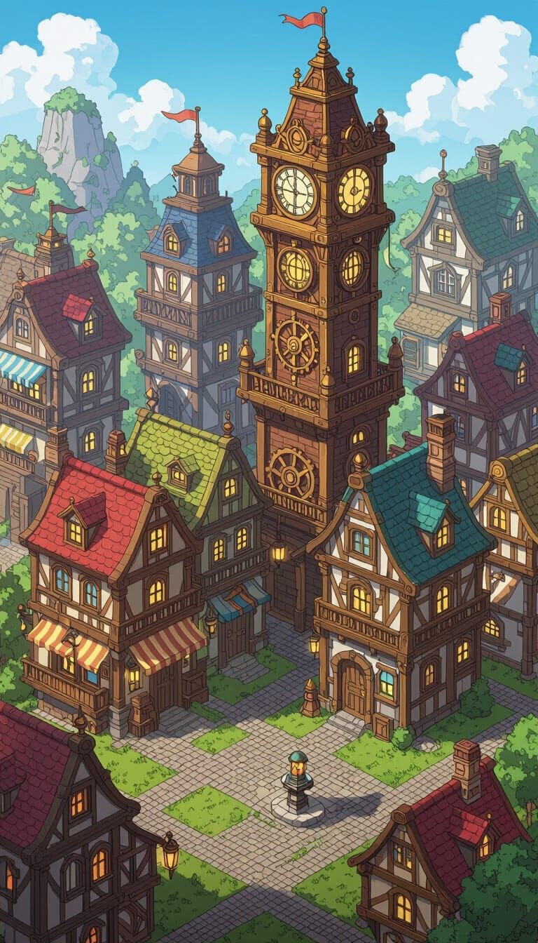 Isometric Steampunk City in Anime Style