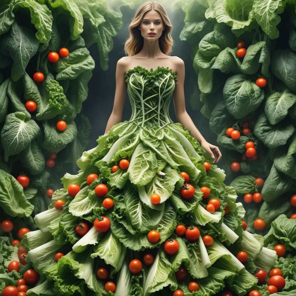 Lettuce Dress on Mannequin: Detailed Digital Painting