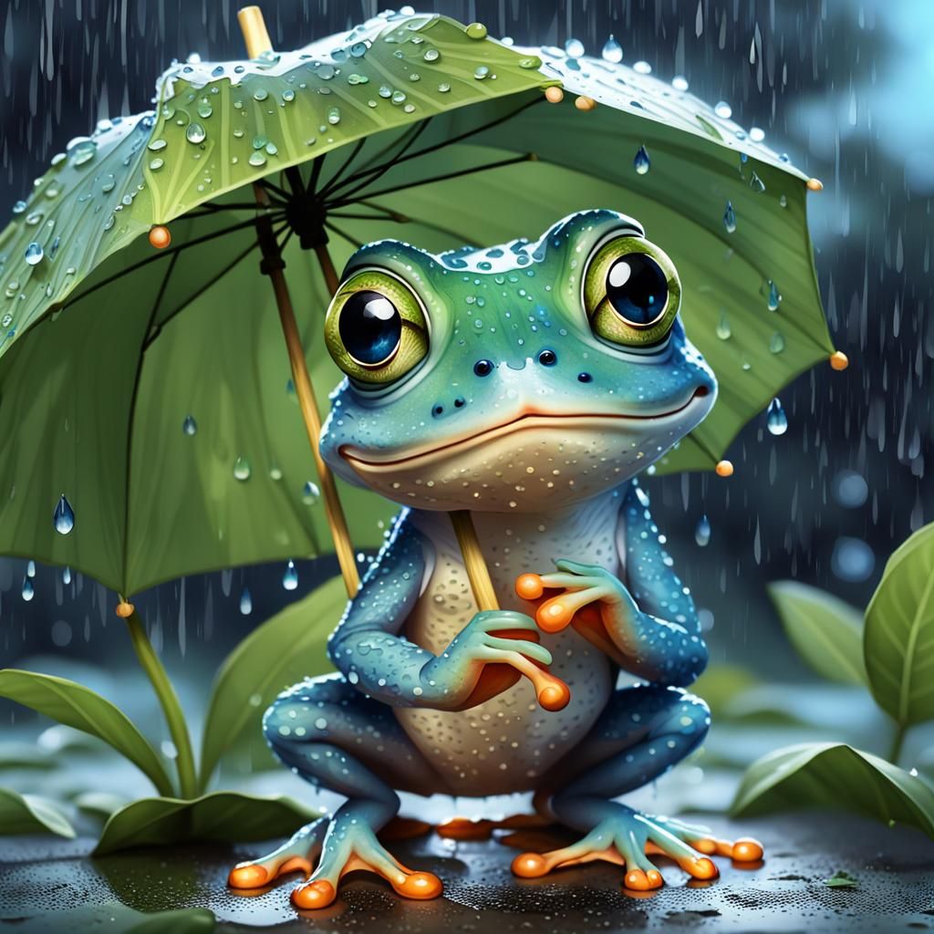 Cartoon Frog with Leaf Umbrella in the Rain