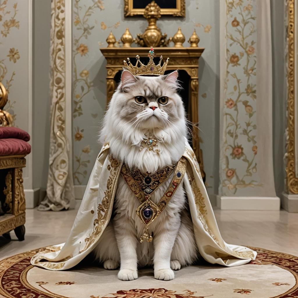 Persian Cat Walks as Queen in Cape and Crown