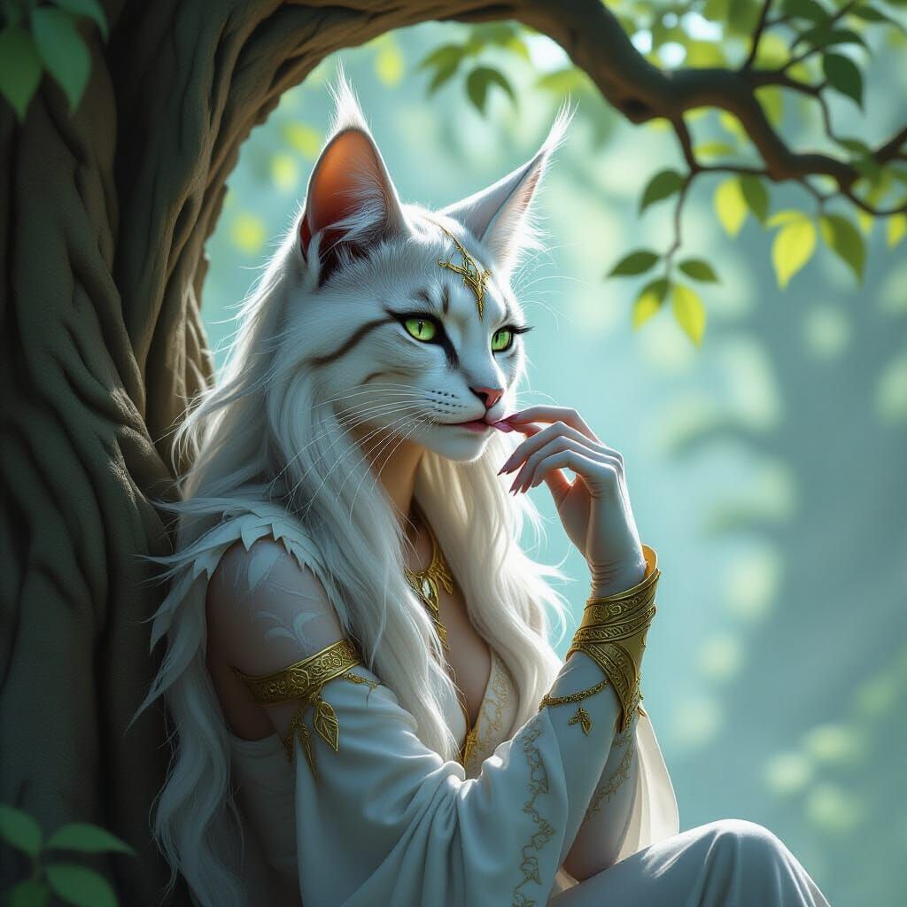 Regal Elven Cat Woman in Moonlit Forest