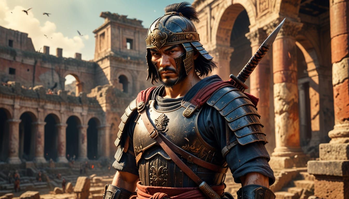 Samurai Confronts SAS Operative in Ancient Roman Coliseum