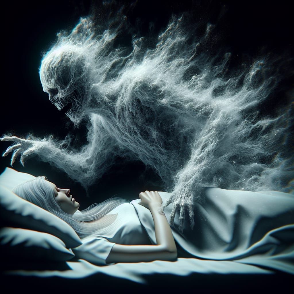 Eerie Ghost Apparition Menacing Sleeping Woman