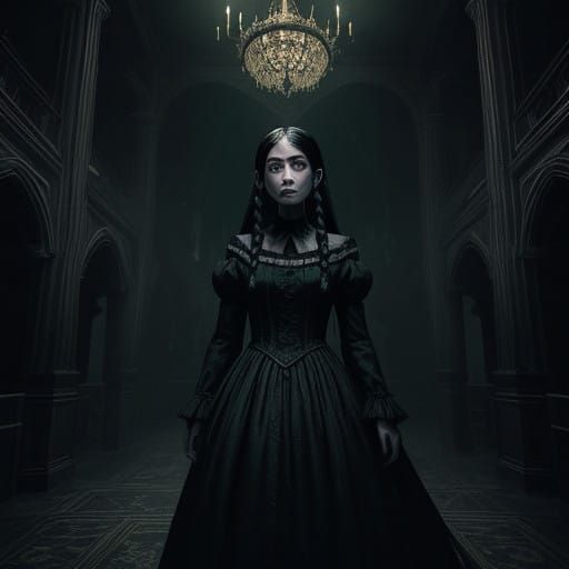 Little Girl in Haunted Mansion with Glittering Details