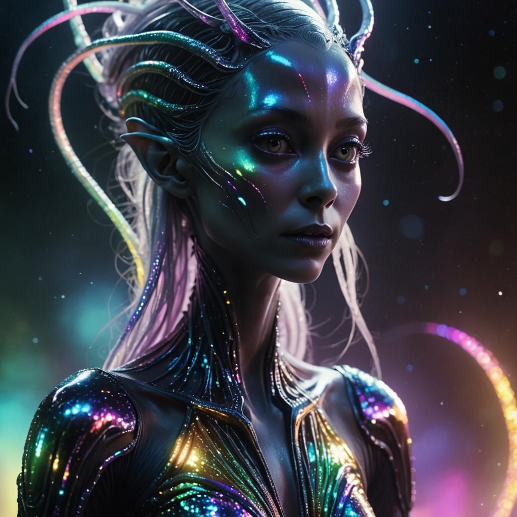 Shimmering Silver Alien with Rainbow Tentacles