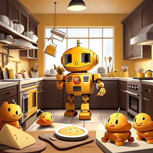 Whimsical Cheese Robot in a Cozy Kitchen Scene