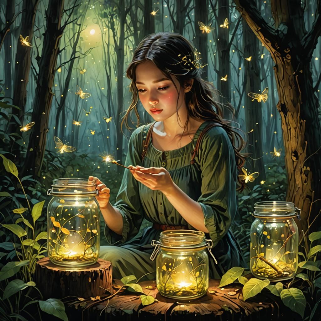 Fireflies Light Up Forest: Oil Painting