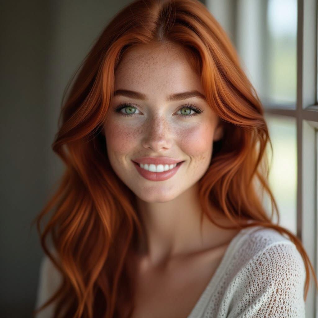 Portrait of Auburn-Haired Woman with Green Eyes