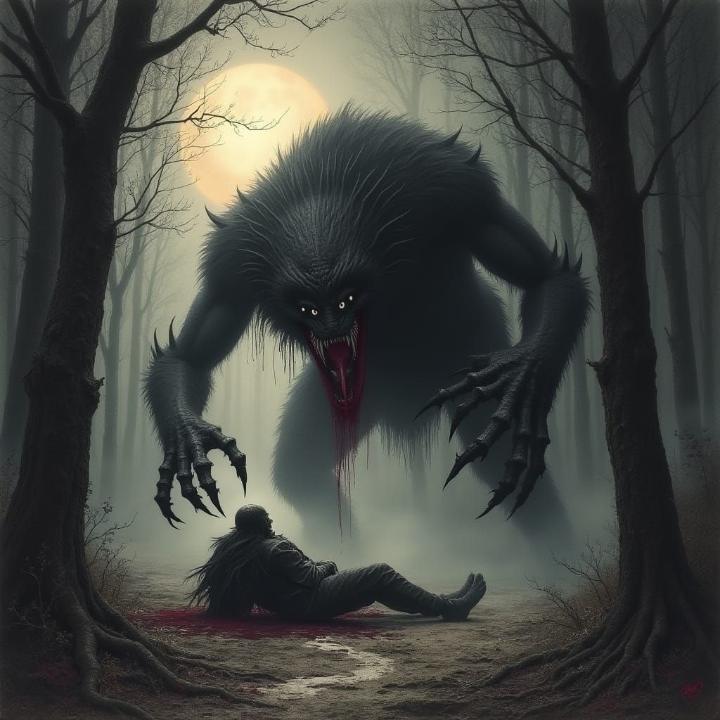 Terrifying Werewolf Emerges from the Shadows under Pale Moon...