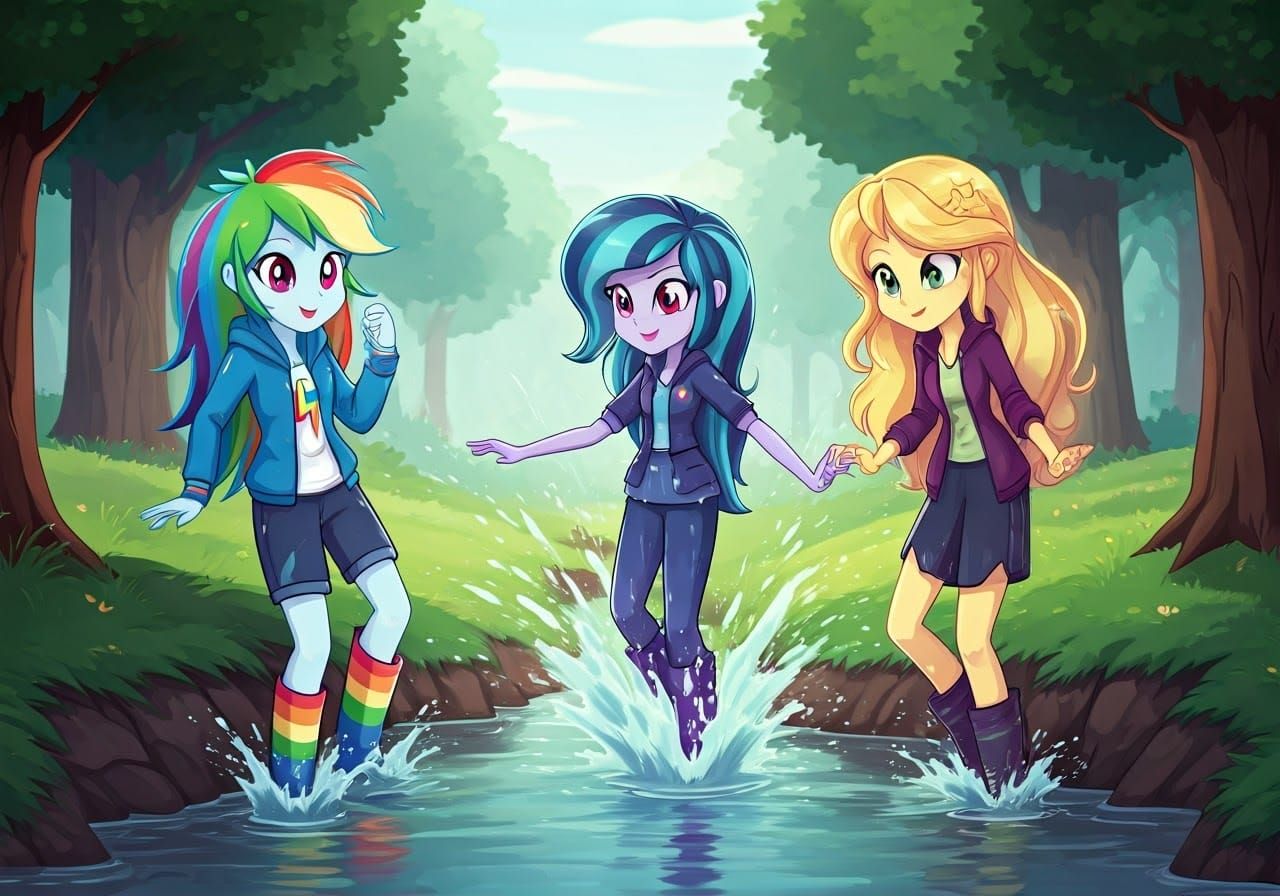 Rainbow-Haired Friends Splashing in a Stream