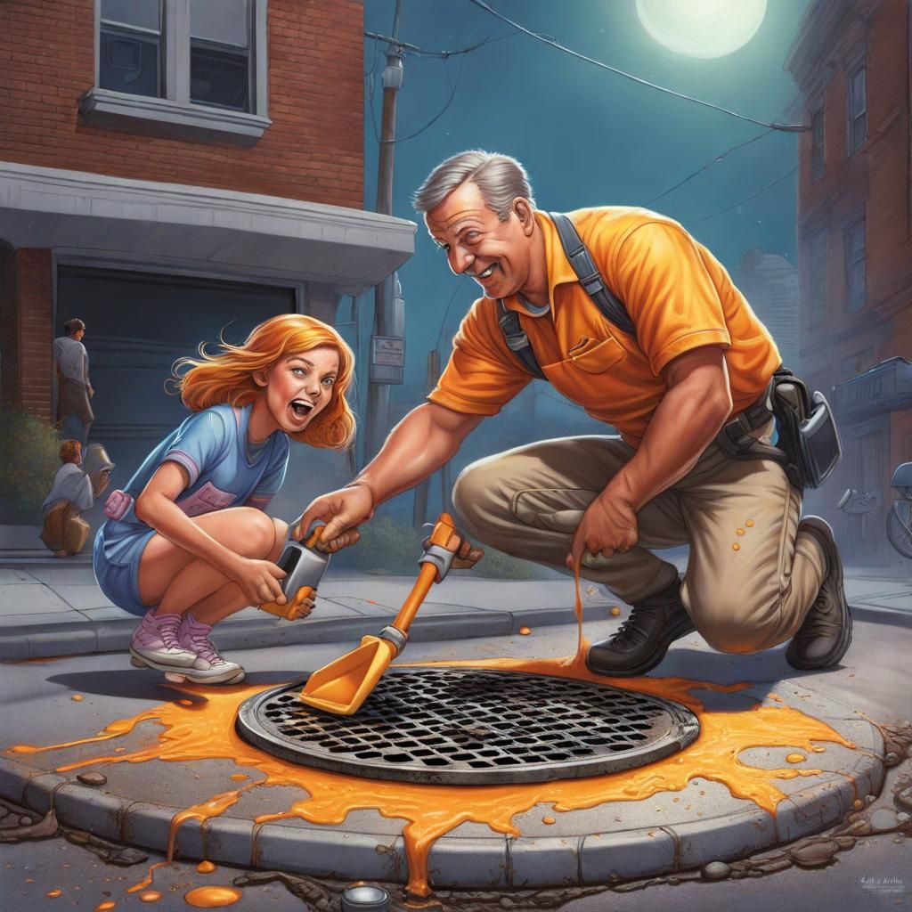Astro-Girl Cleans Manhole Cover With Dad: Hyperrealistic Art