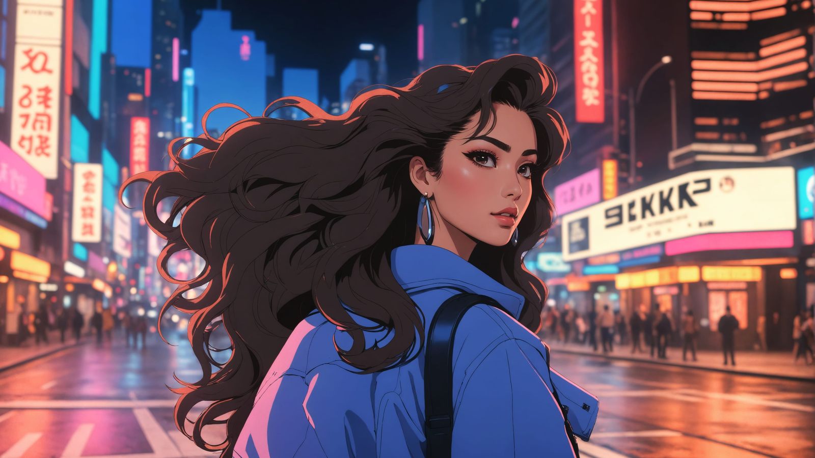 80s Anime Girl with Big Hair in Cyberpunk City