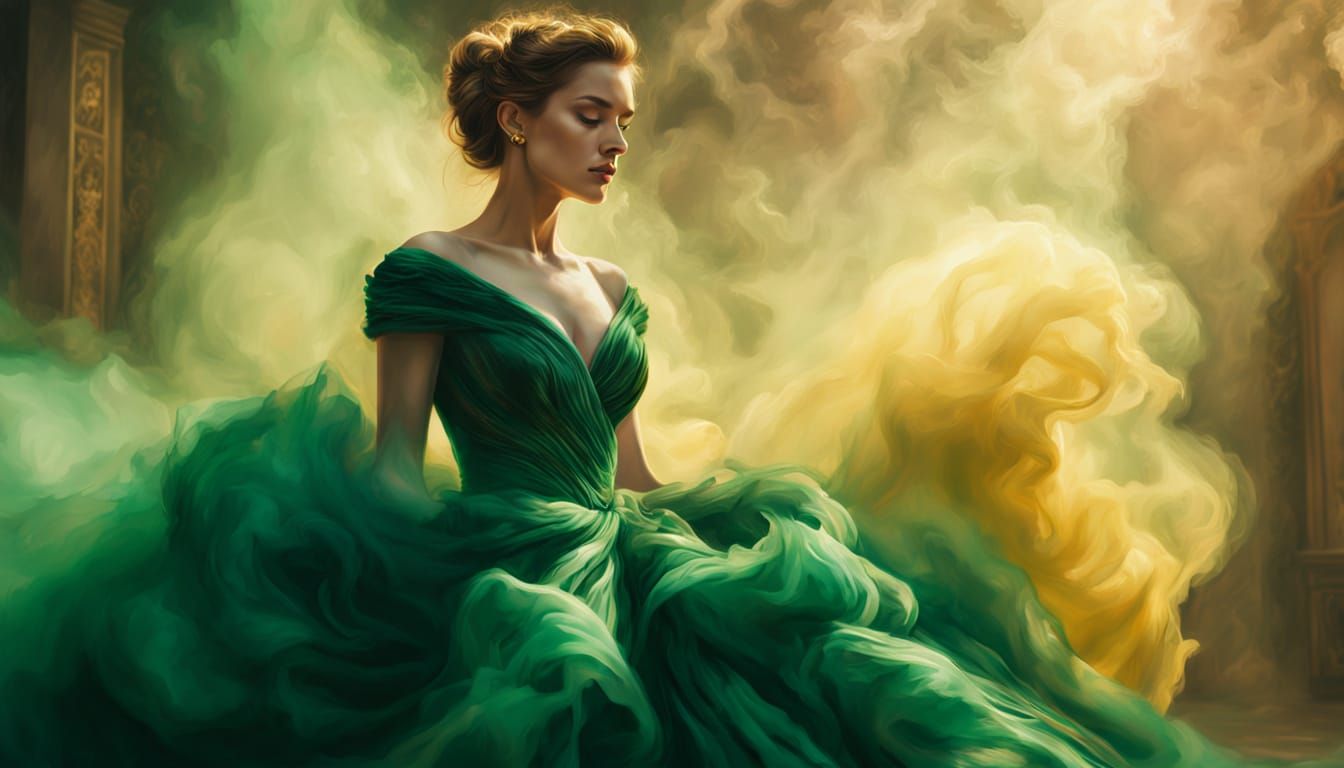 Woman in Emerald Smoke Ballgown, Vivid Oil Painting