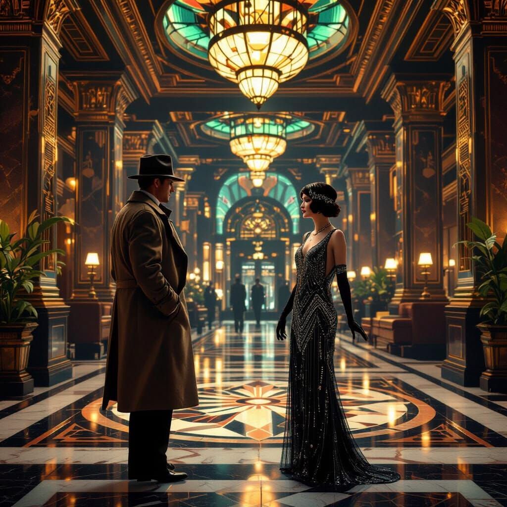 1920s Detective Meets Flapper in Art Deco Lobby