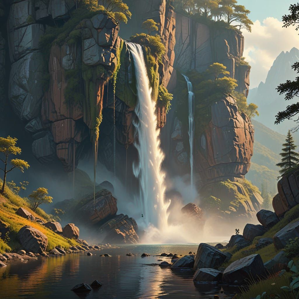 Breathtaking Sunset Waterfall Scene in Hyper-Realism