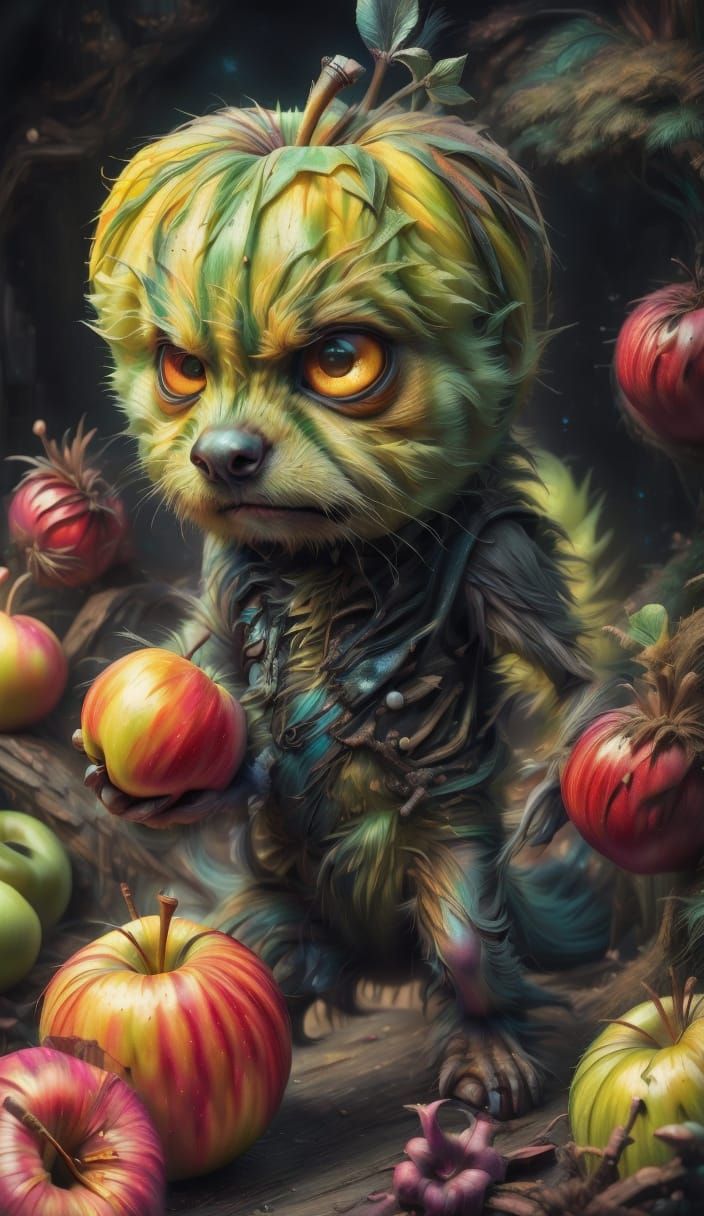 Humorous Anthropomorphic Apple Illustration in Charcoal Styl...