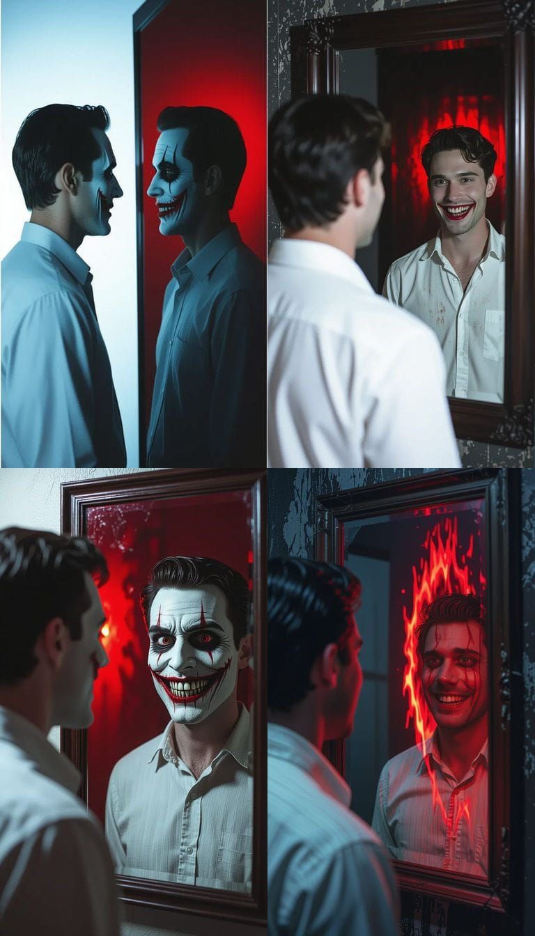 Man Nervous Before Mirror As Reflection Smiles Eerily