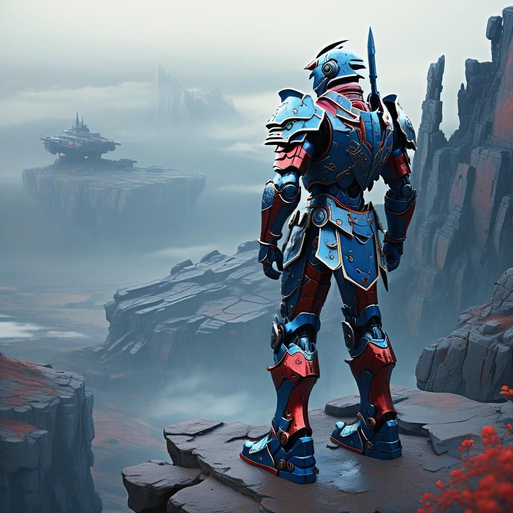 Armored Warrior in War-Torn Landscape, 3D Anime Art