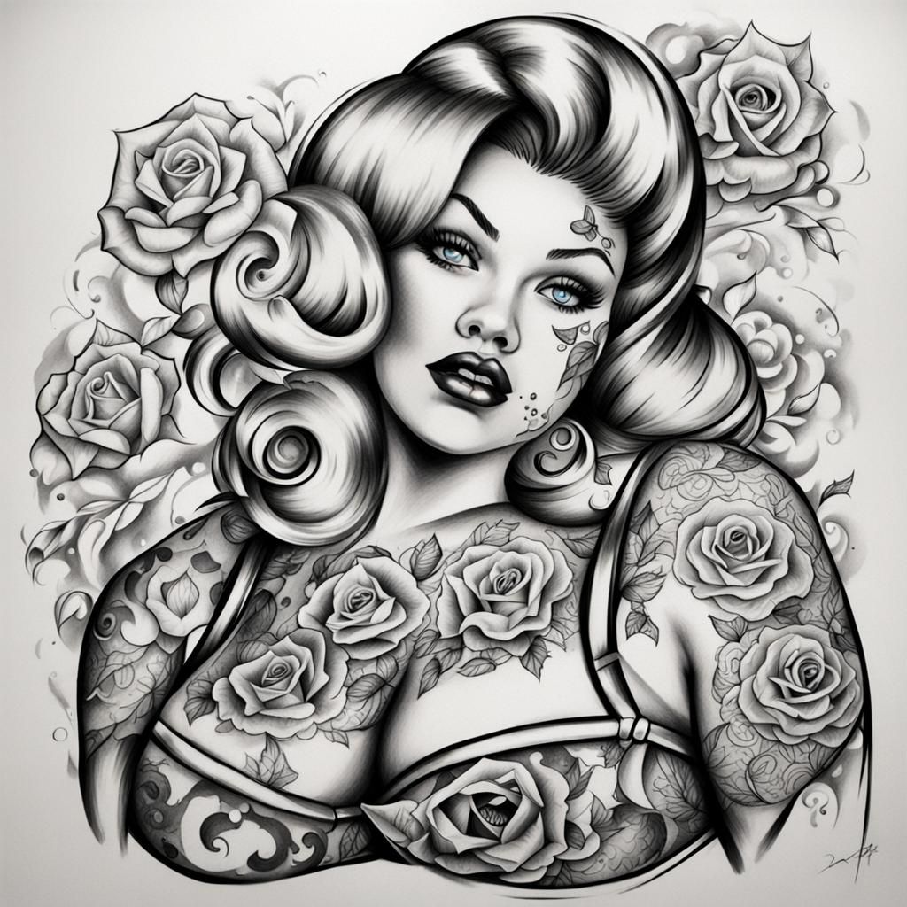Chunky pinup model tattoos sketch