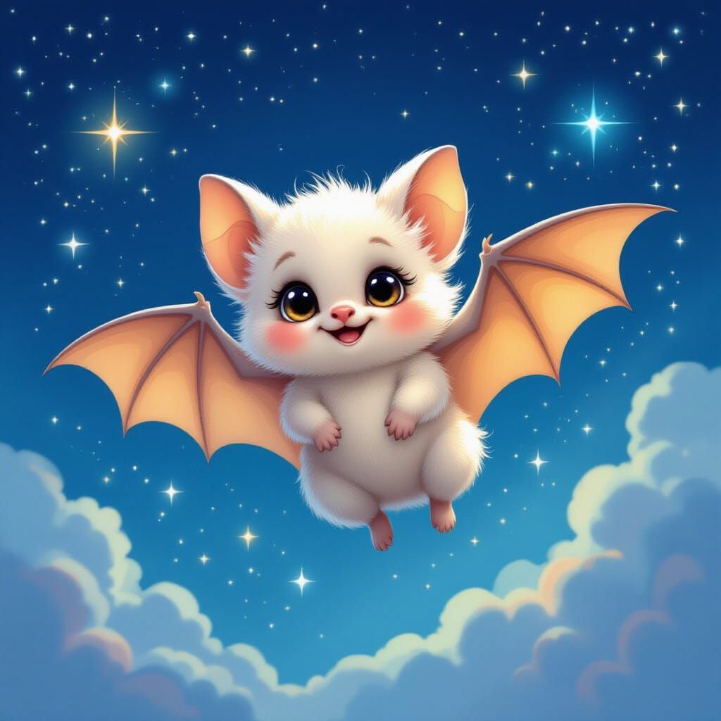 Fluffy Baby Bat Soaring Through Starry Celestial Expanse