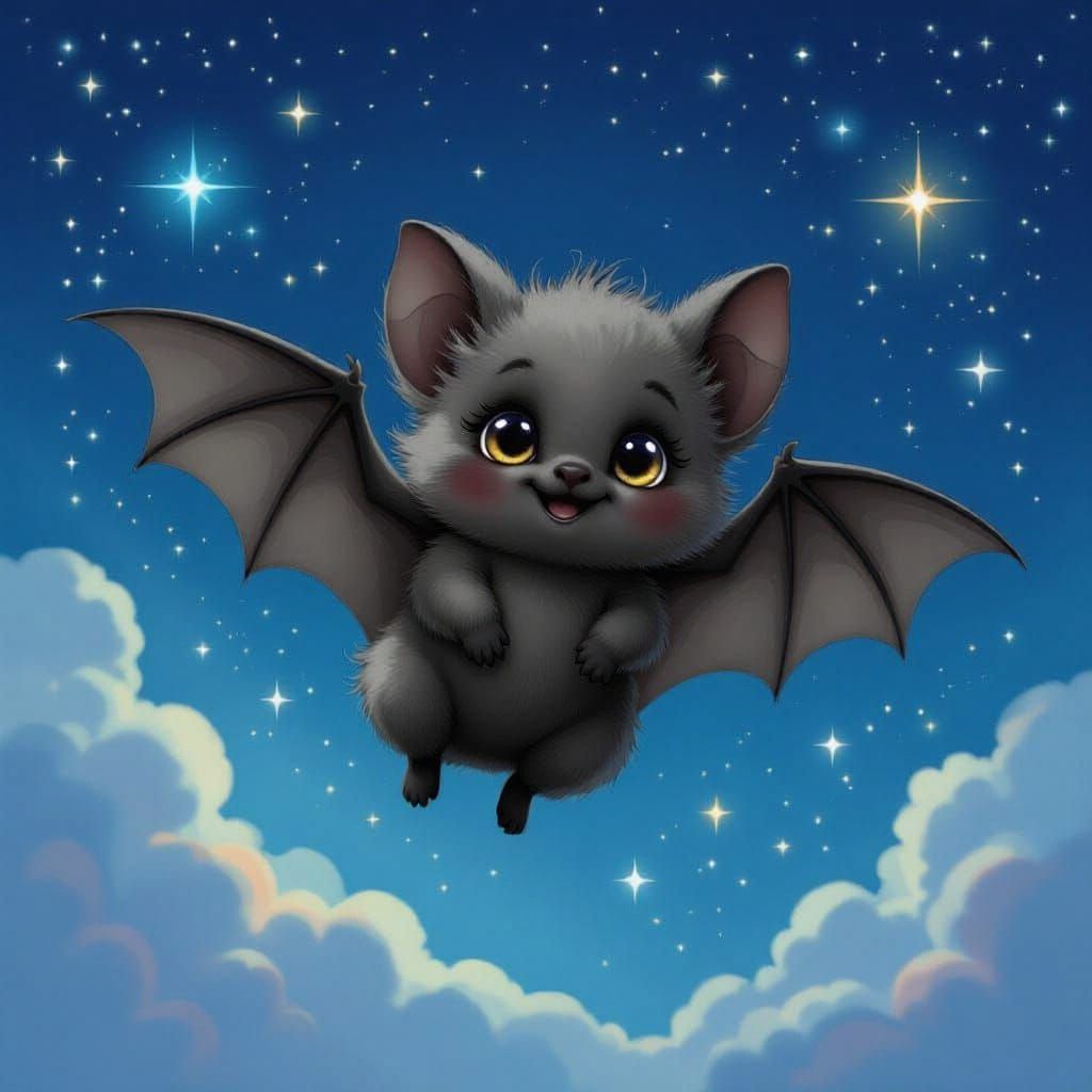 Cute Fuzzy Bat Flying Through Starry Night Sky