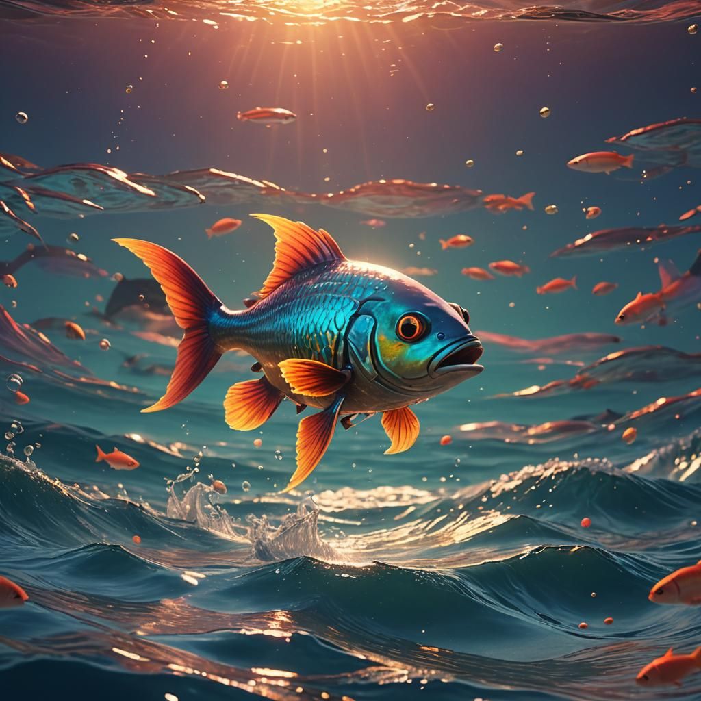 Flying Fish in Vibrant Fantasy Ocean