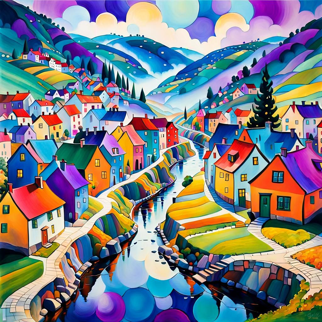 Whimsical Valley Street Scene in Expressionist Style