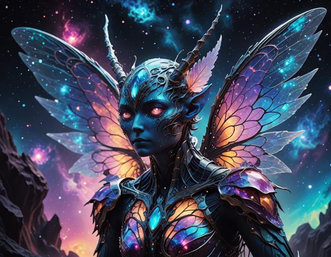 Fae Creature on Crystal in Space Fantasy Art