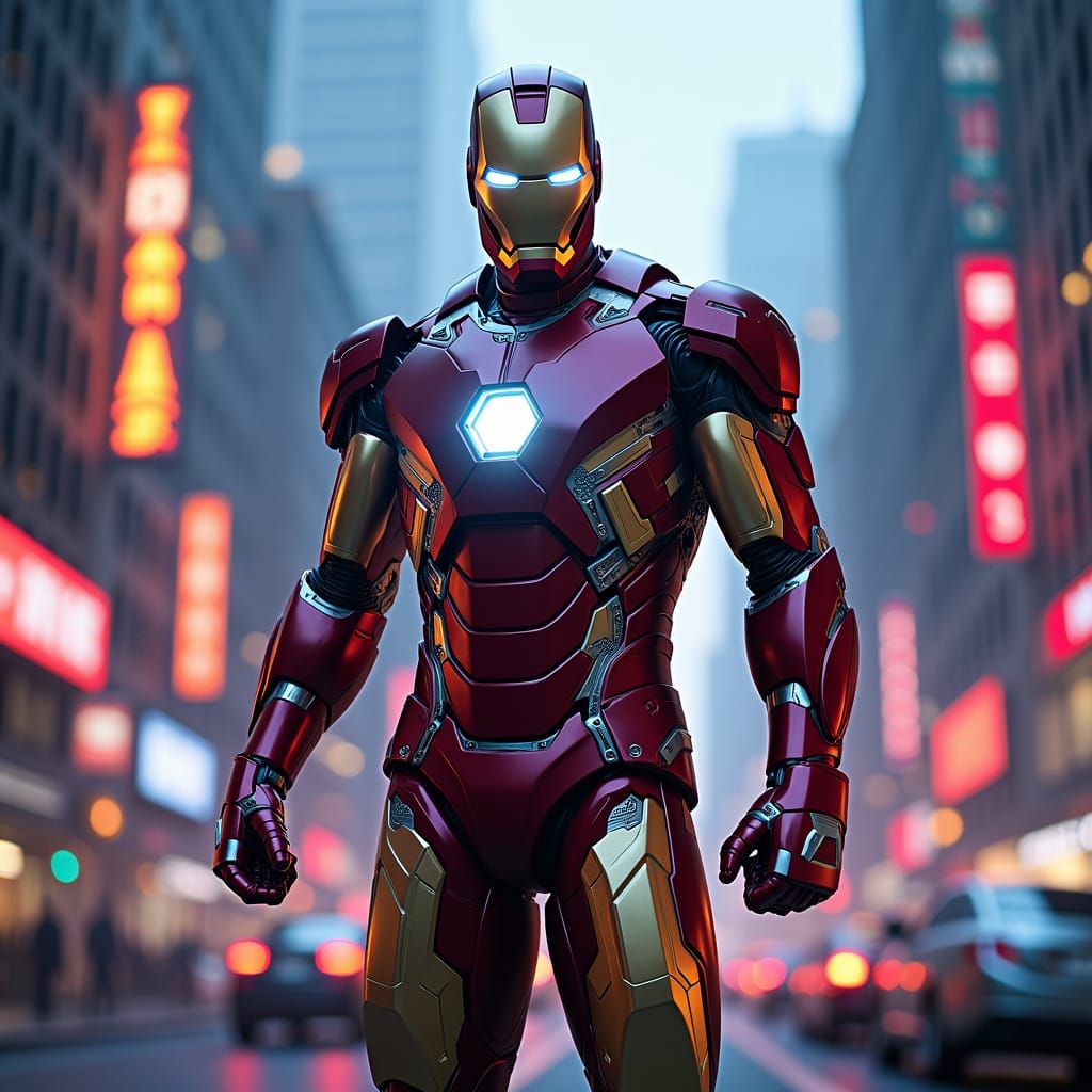 Iron Man in Futuristic Cityscape Art