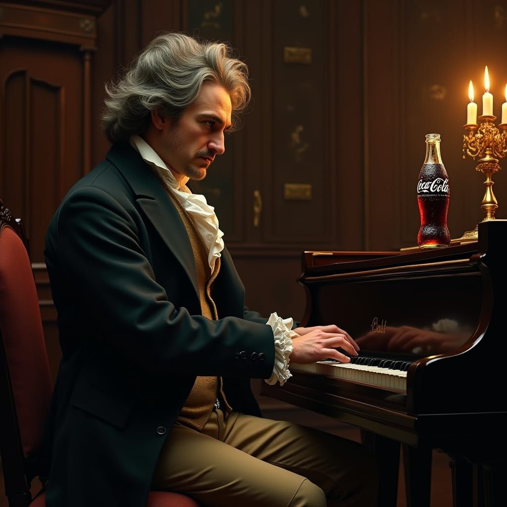 Classical Composer Sits at Piano with Vintage Coke Bottle
