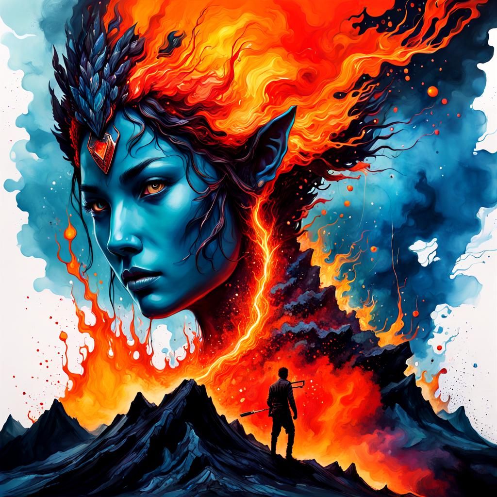 Ethereal Avatar in Volcanic Pyroclasm: Alcohol Ink Art