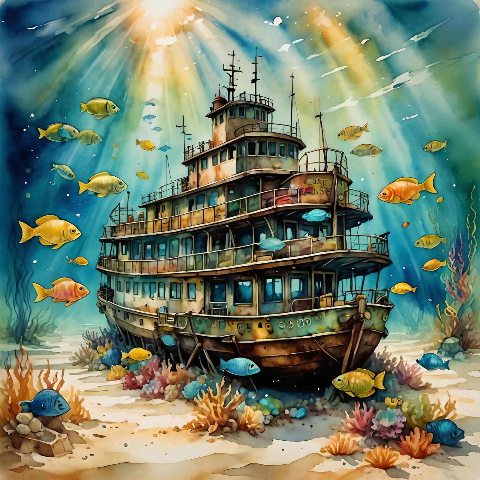 Sunken Ferryboat at Ocean Bottom in Watercolor