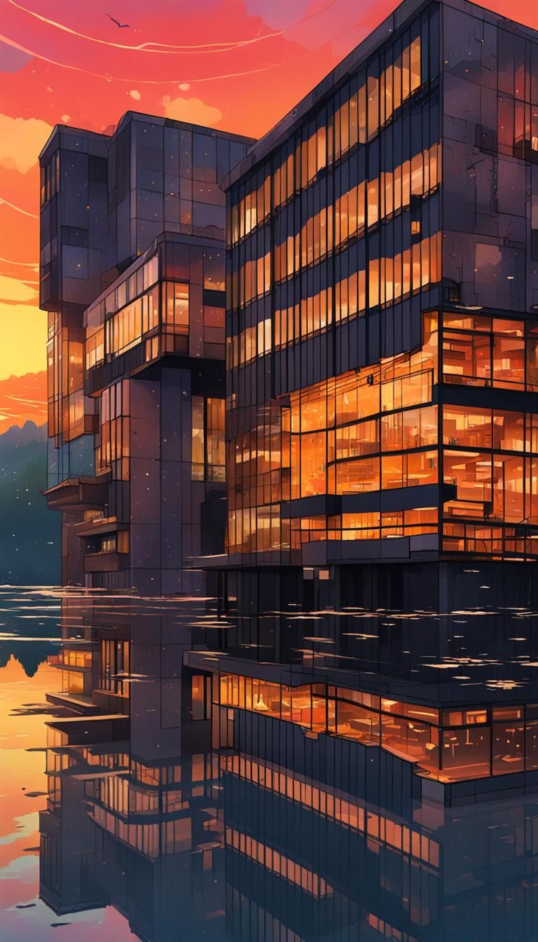 Brutalist Buildings Reflected at Dusk