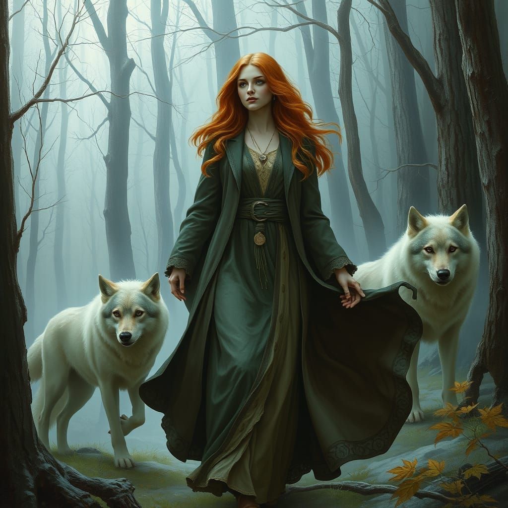 Woman Surrounded by Wolves in a Mystical Forest Scene