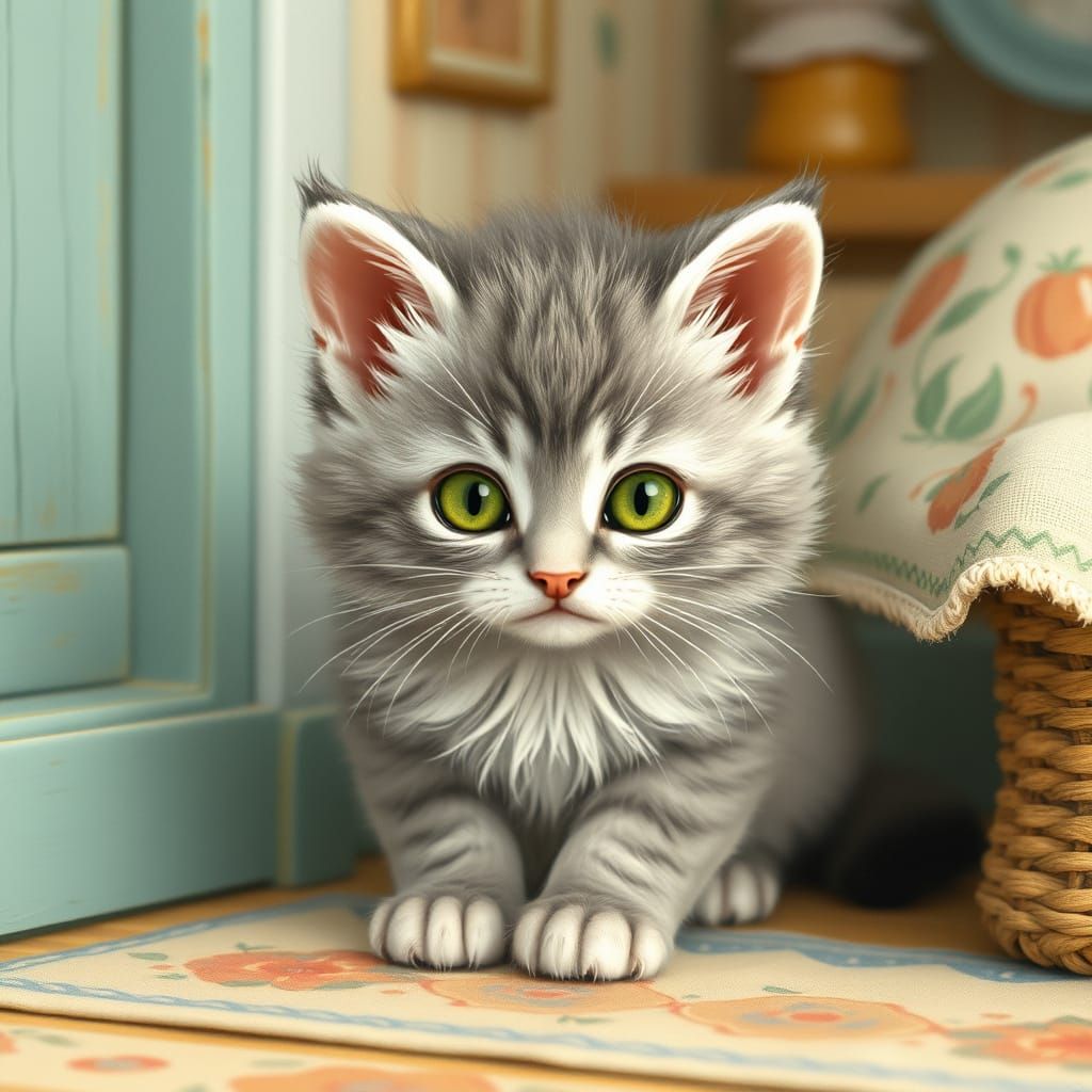Whimsical Kitten Plays in Cozy Room, in a Classic Children's...