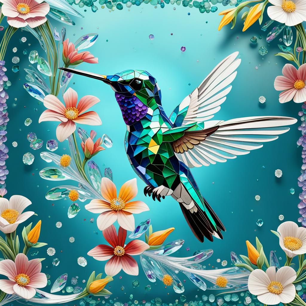 Crystallographic Hummingbird with Gemstone Flowers