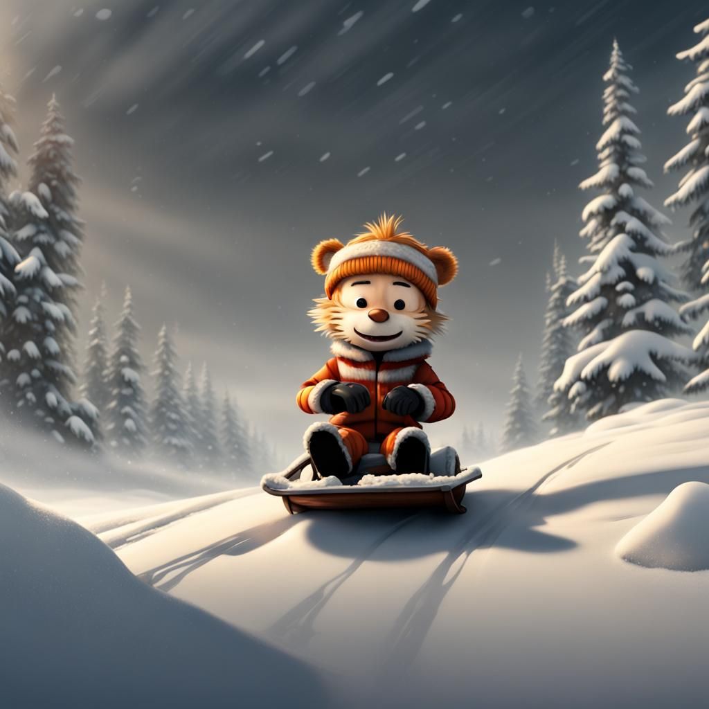 Bobblehead Calvin and Hobbes Sledding