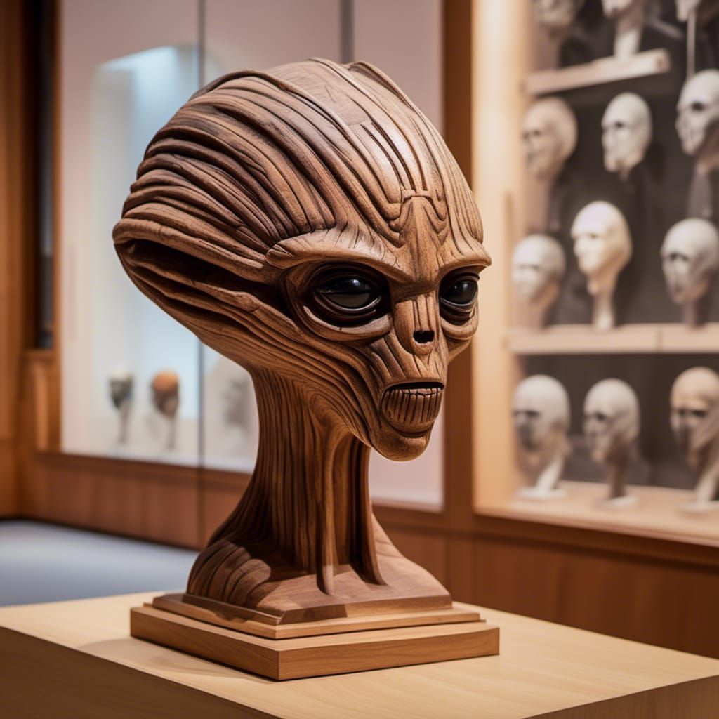 Exotic Wood Alien Head Sculpture on Display