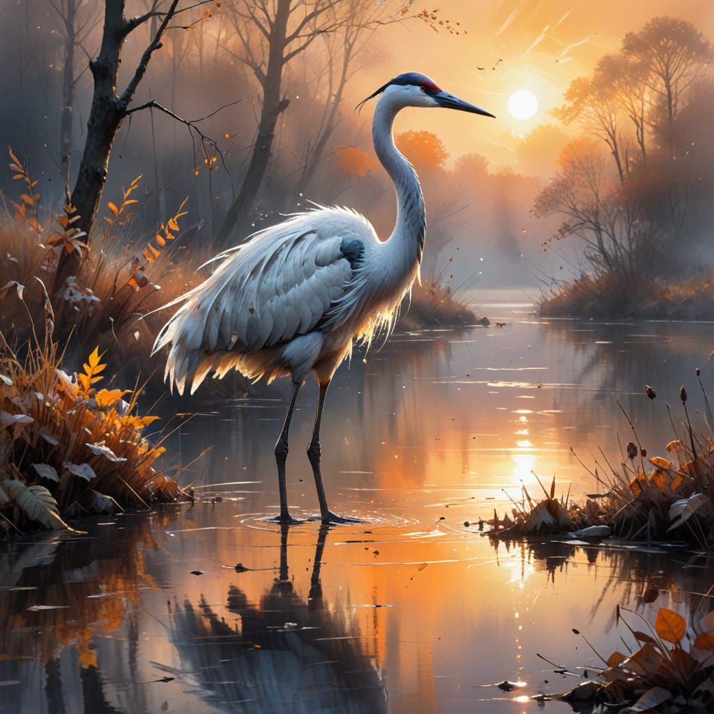 Winter Crane on Misty Lake: Watercolor Sunset