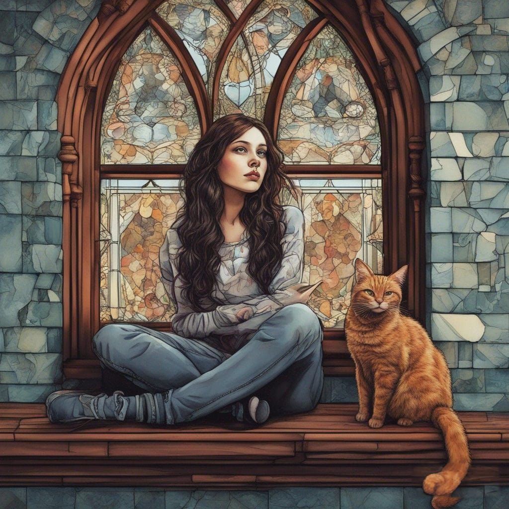 Orange Cat Tail on Brown Windowsill