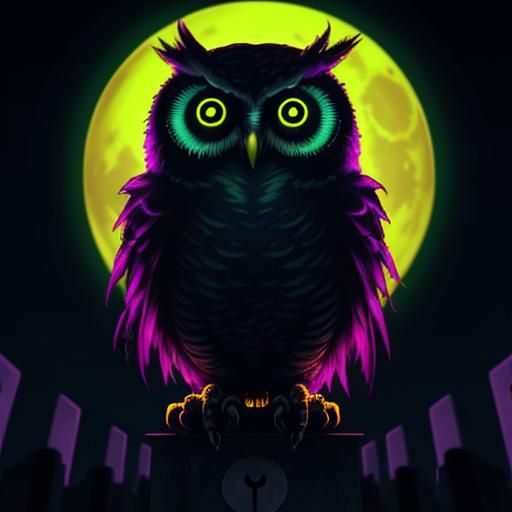 Synthwave Owl with Glowing Eyes in Graveyard