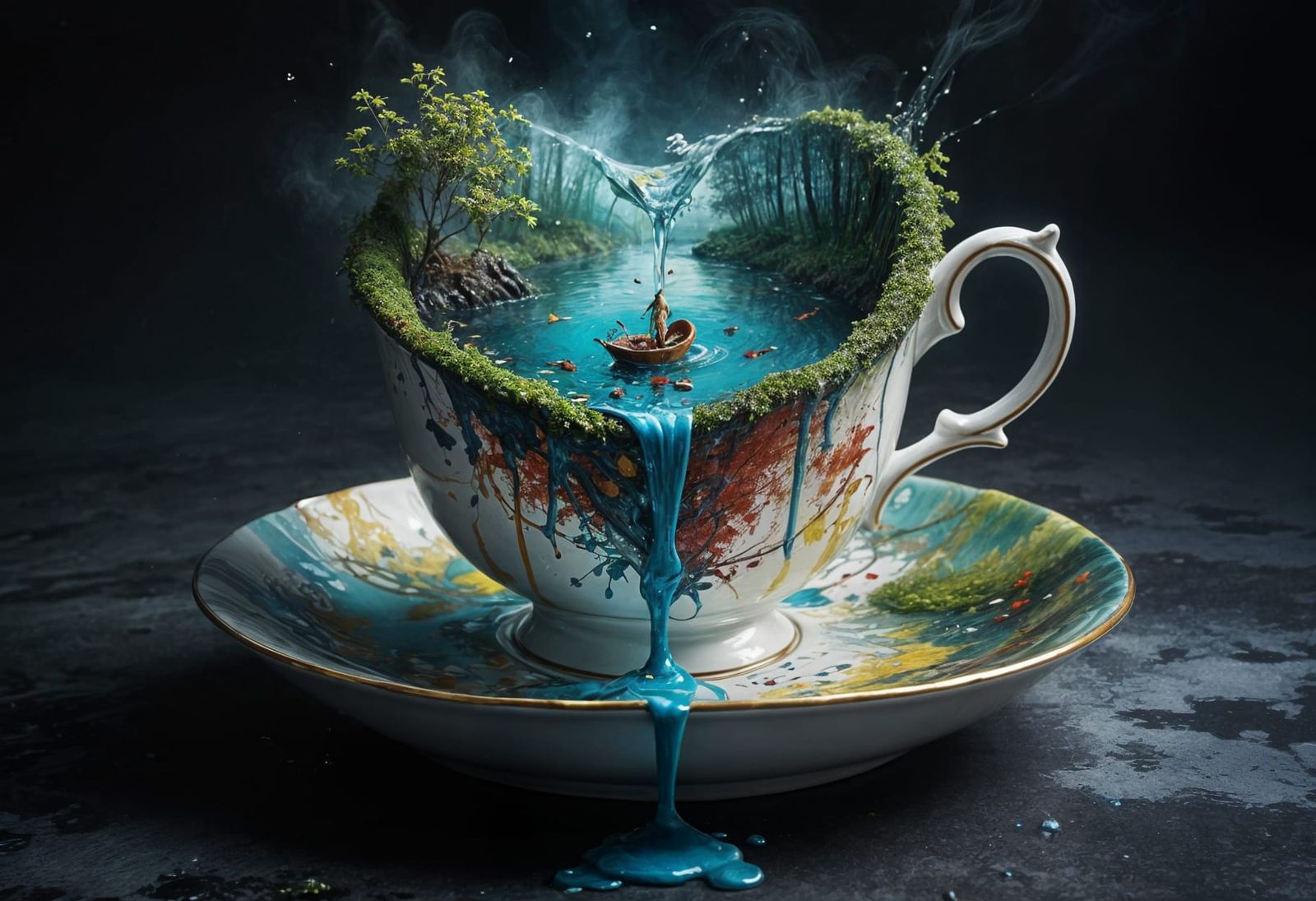 Surreal Landscape with Royal Albert Tea Cup and Lake Scene i...