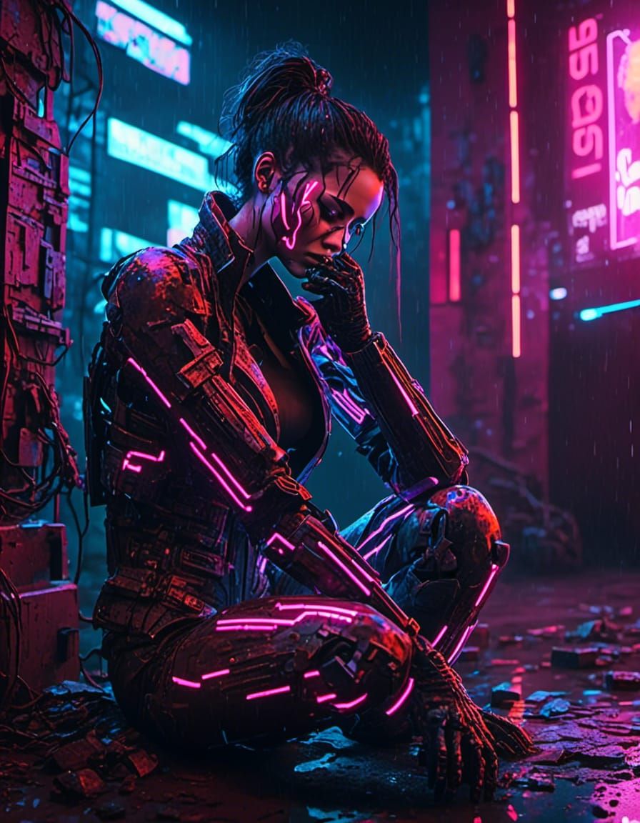 Cyborg Migraine in Cyberpunk Neon Wasteland
