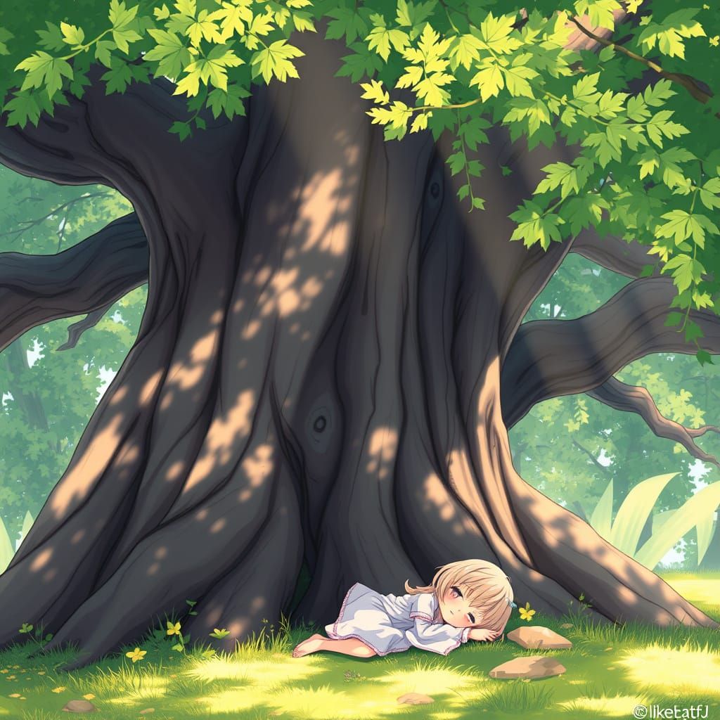 Cute Anime Girl Sleeps Under Ancient Oak Tree