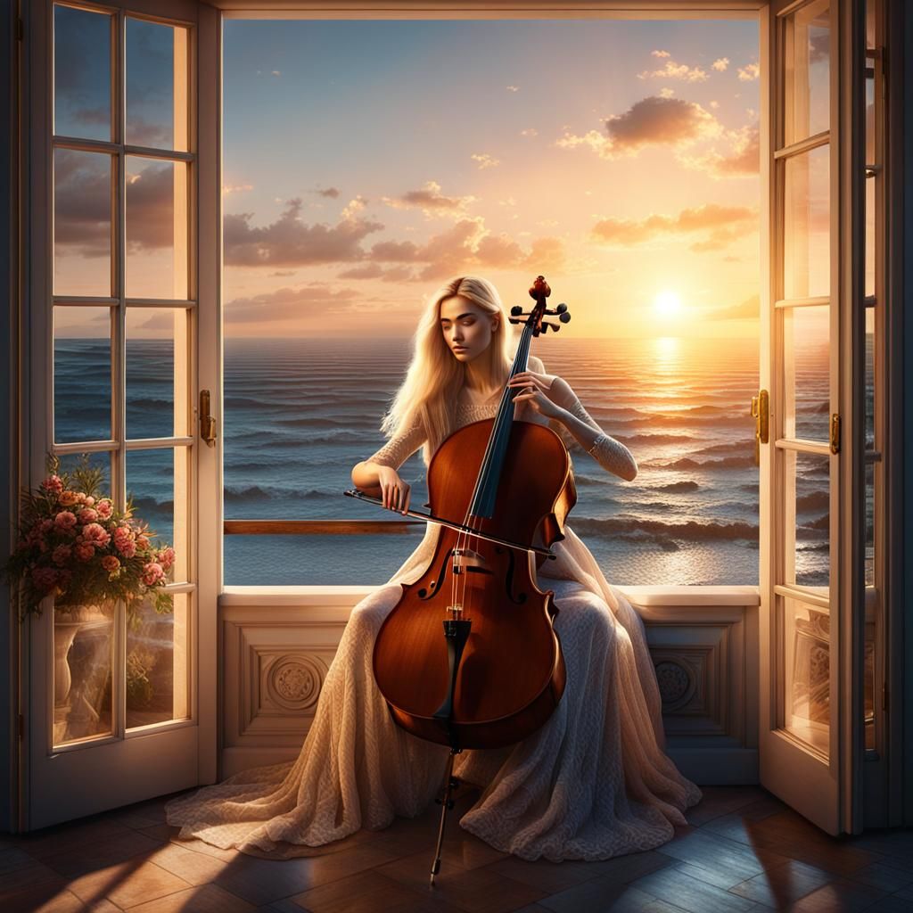 Woman Playing Cello at Sunset: Detailed Matte Painting