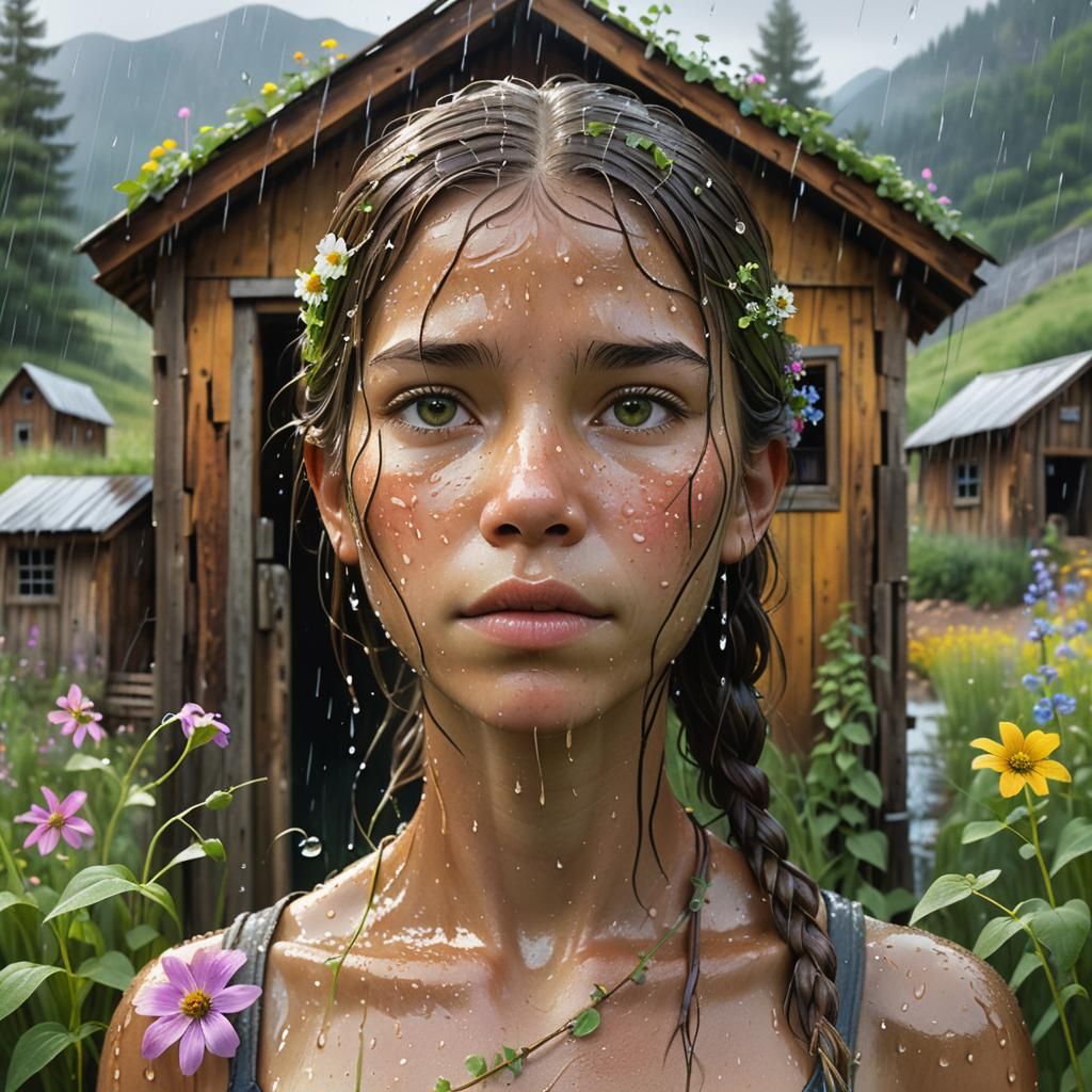 Wildflower Portrait with Cabin in Valley, Digital Art